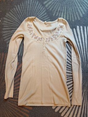 Free People Cream Long Sleeve Scoop Neck Tee with Beaded Yoke